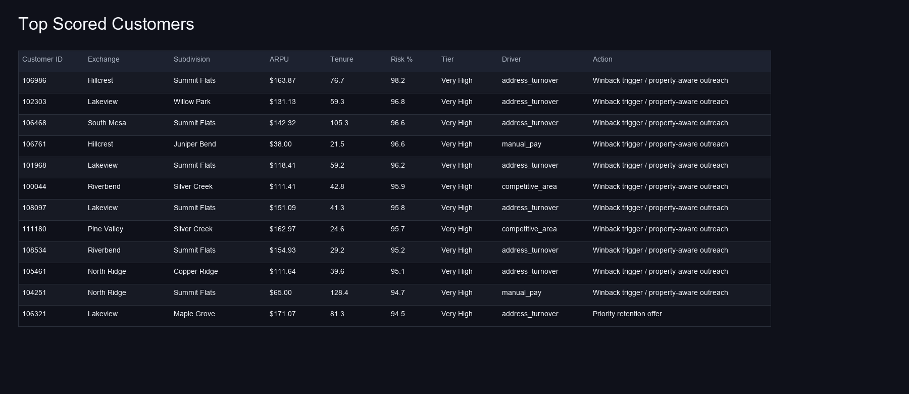 Top scored synthetic customers table